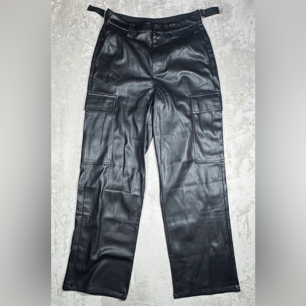 ASOS Design Black Faux Leather Wide Leg High Rise Cargo Trouser Pants Size 8